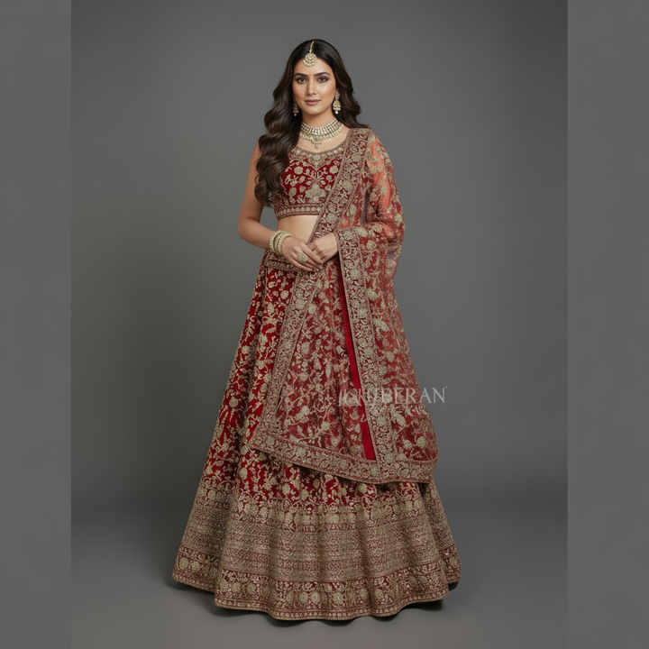 KUBERAN PINK UNSTITCHED VELVET LEHENGA