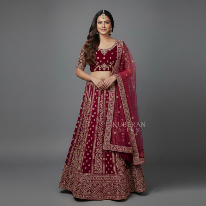 KUBERAN DARK PINK UNSTITCHED VELVET LEHENGA