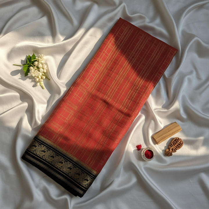 Rust orange Checkered Mysore Silk Saree with Black Peacock Border