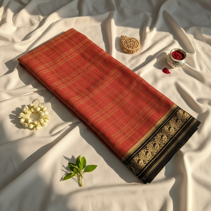 Rust orange Checkered Mysore Silk Saree with Black Peacock Border