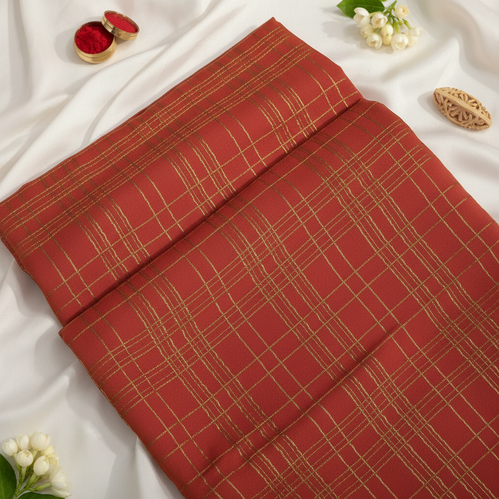Rust orange Checkered Mysore Silk Saree with Black Peacock Border