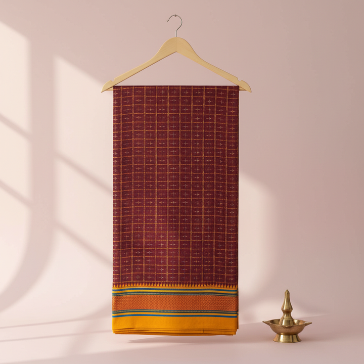 KUBERAN MAROON WITH YELLOW COTTON CHECKS SAREE