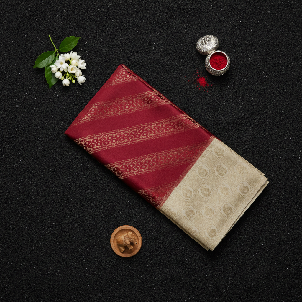 kuberan Maroon and Cream Dual Tone Mysore Silk Saree with Golden Zari Border