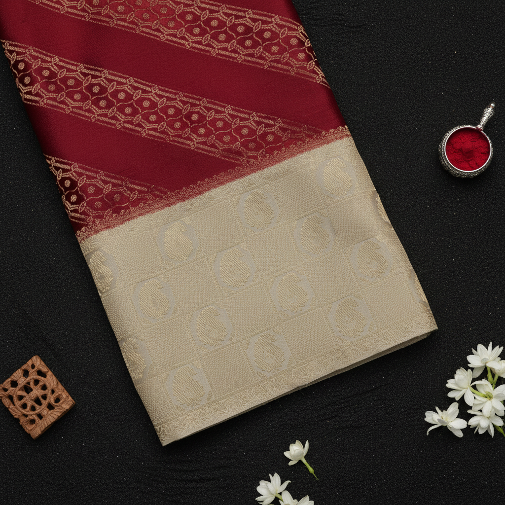 kuberan Maroon and Cream Dual Tone Mysore Silk Saree with Golden Zari Border