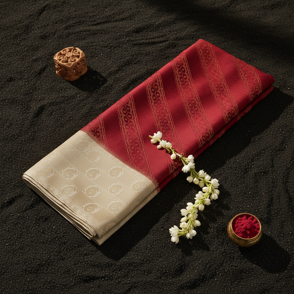 kuberan Maroon and Cream Dual Tone Mysore Silk Saree with Golden Zari Border