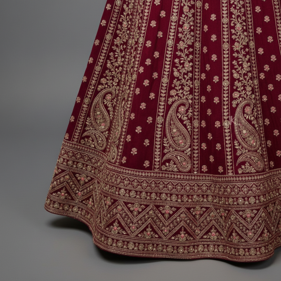 KUBERAN DARK PINK UNSTITCHED VELVET LEHENGA