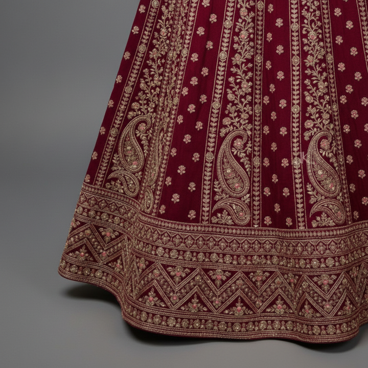 KUBERAN DARK PINK UNSTITCHED VELVET LEHENGA