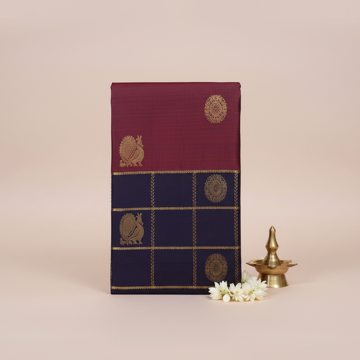 KUBERAN MAROON WITH NAVY BLUE BUTTA PURE SILK SAREE