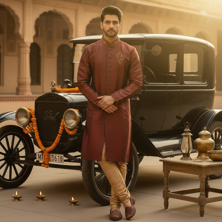 Kuberan Maroon Silk Kurta Pyjama Set with Gold Zari Embroidery