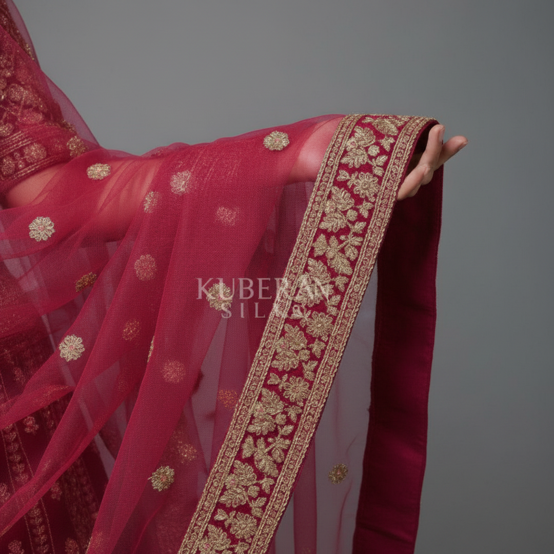KUBERAN DARK PINK UNSTITCHED VELVET LEHENGA