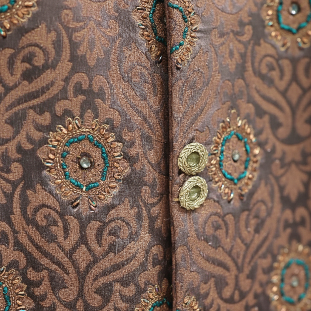 Kuberan Mauve Paisley Brocade Sherwani with Teal Embroidered Cuffs.