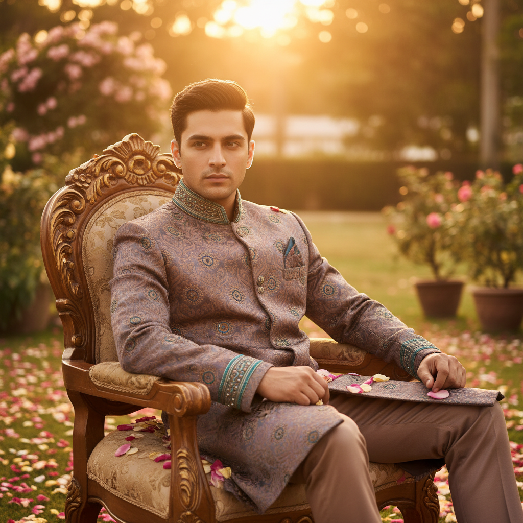 Kuberan Mauve Paisley Brocade Sherwani with Teal Embroidered Cuffs.
