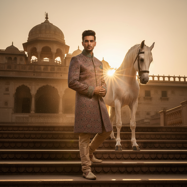 Kuberan Mauve Paisley Brocade Sherwani with Teal Embroidered Cuffs.