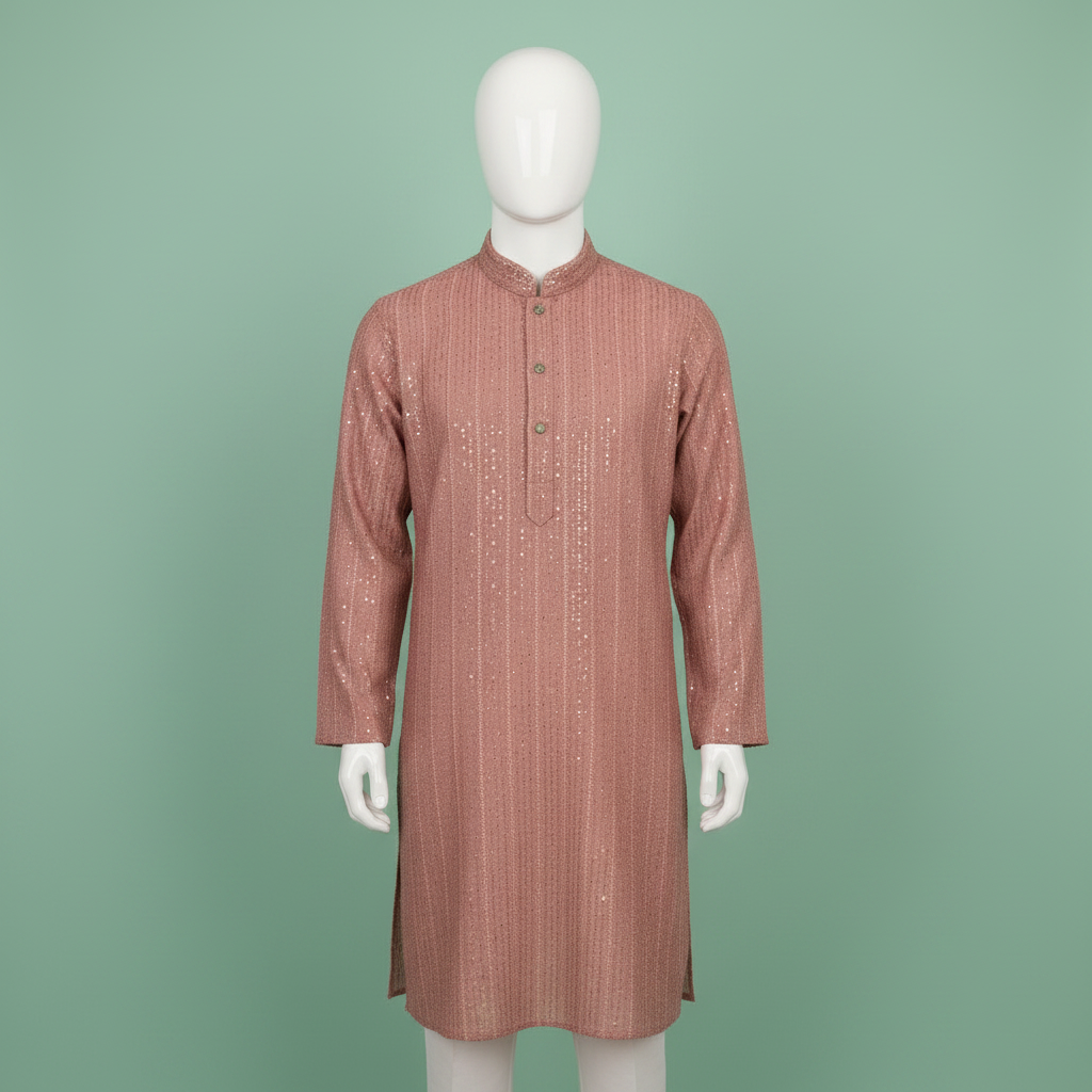 Kuberan Dusty Rose Sequin Embroidered Cotton Kurta