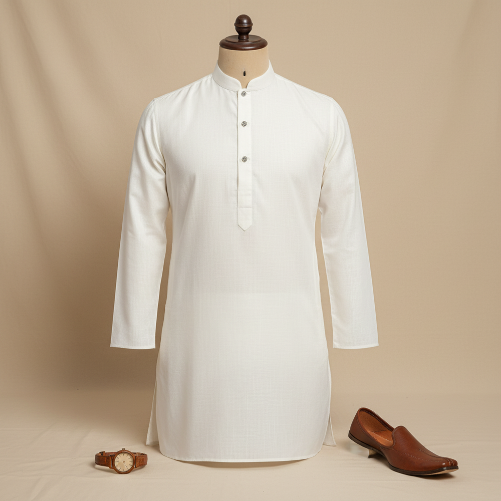 Ivory White Cotton Kurta - Editorial mannequin shot with watch and mojari