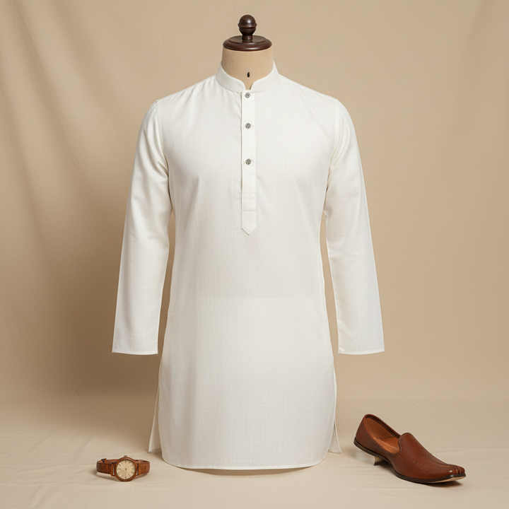 Ivory White Cotton Kurta - Editorial mannequin shot with watch and mojari