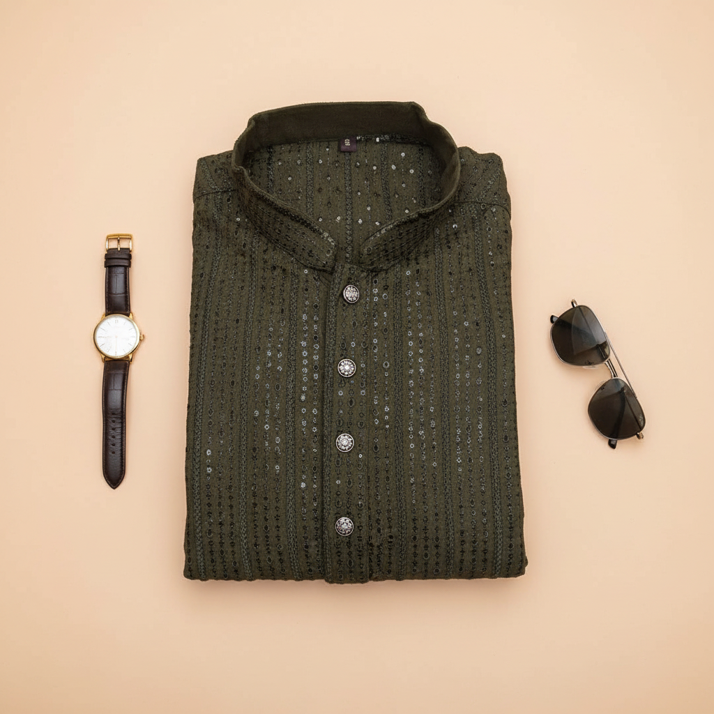 KUBERAN RIFLE GREEN COTTON  KURTA