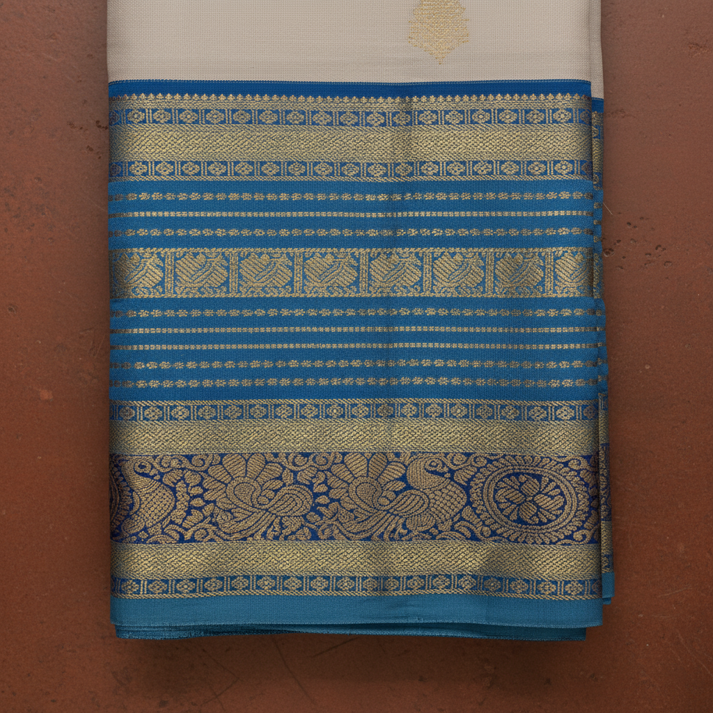 kuberan silver Kanchipuram Silk Saree with Blue & Gold Zari Border