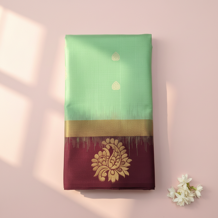 KUBERAN MINT GREEN WITH BURGUNDY PURE SOFT SILK SAREE