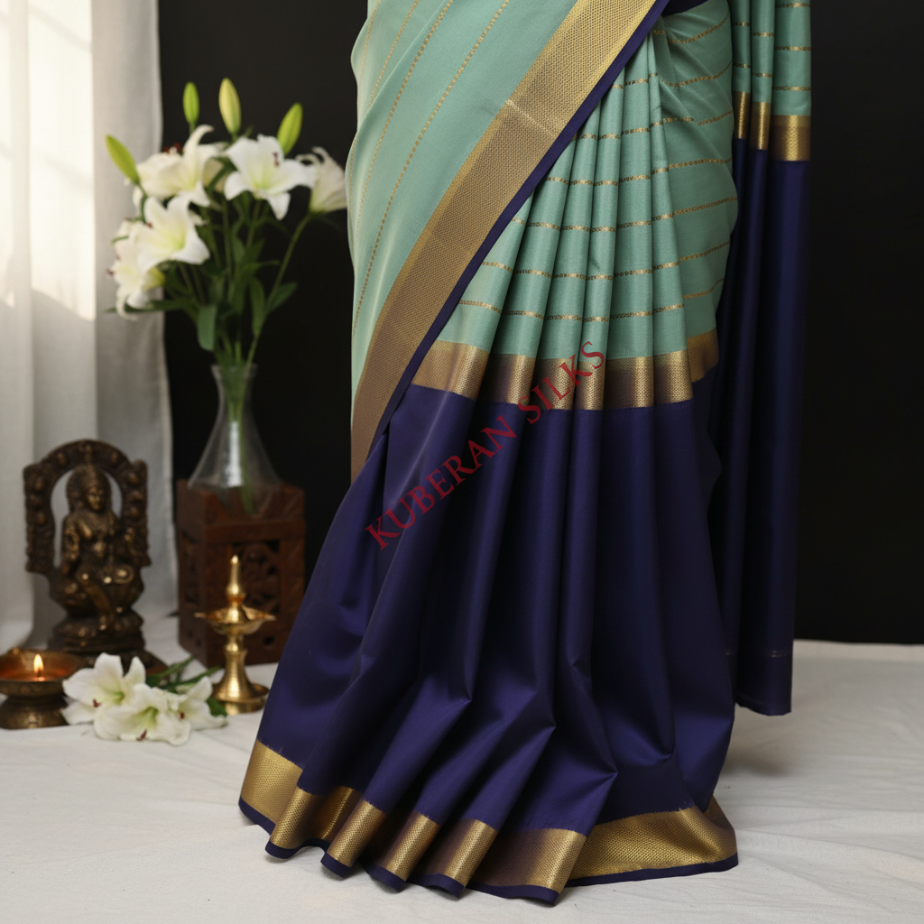 Kuberan Pista and Navy Blue Mysore Silk Saree