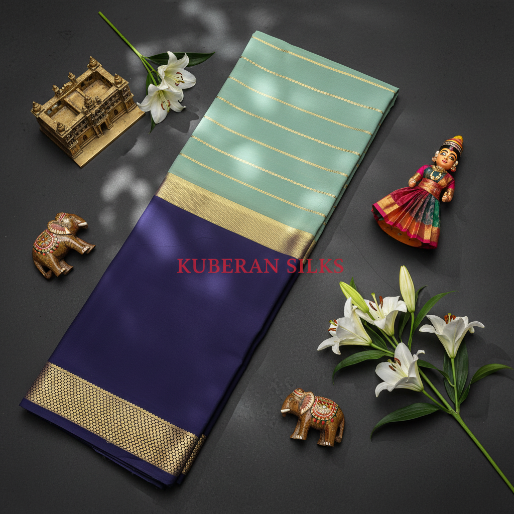 Kuberan Pista and Navy Blue Mysore Silk Saree