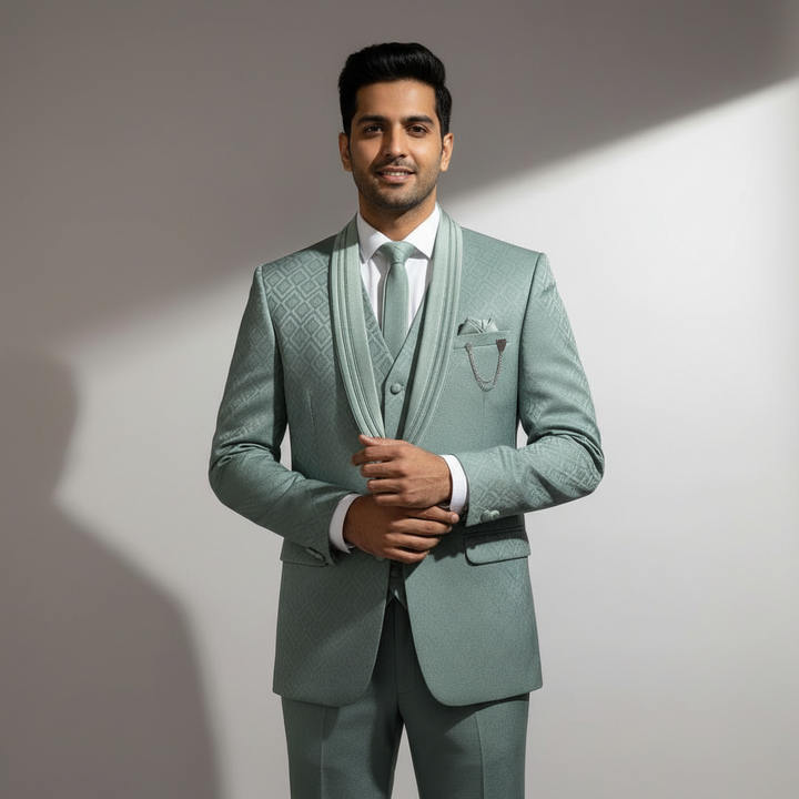Kuberan Premium Sage Green 3-Piece Suit with Geometric Weave