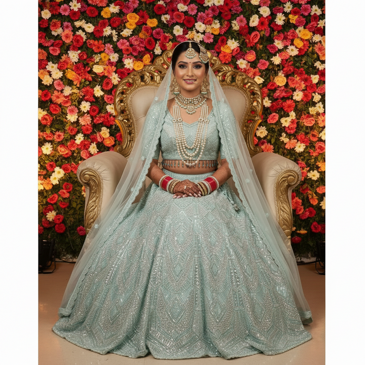 Kuberan Bridal Lehenga – Mint Ice Blue Geometric Sequin