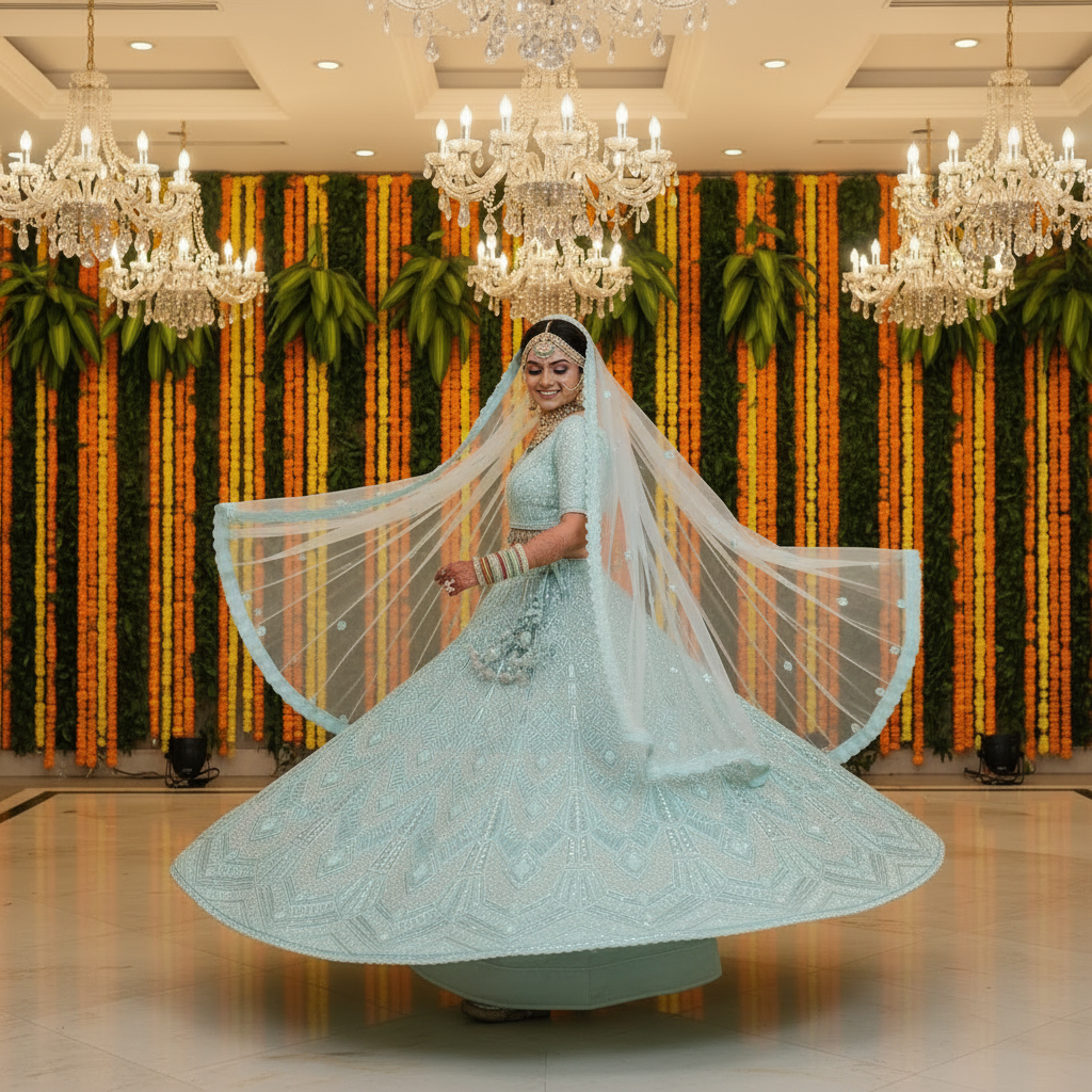 Kuberan Bridal Lehenga – Mint Ice Blue Geometric Sequin