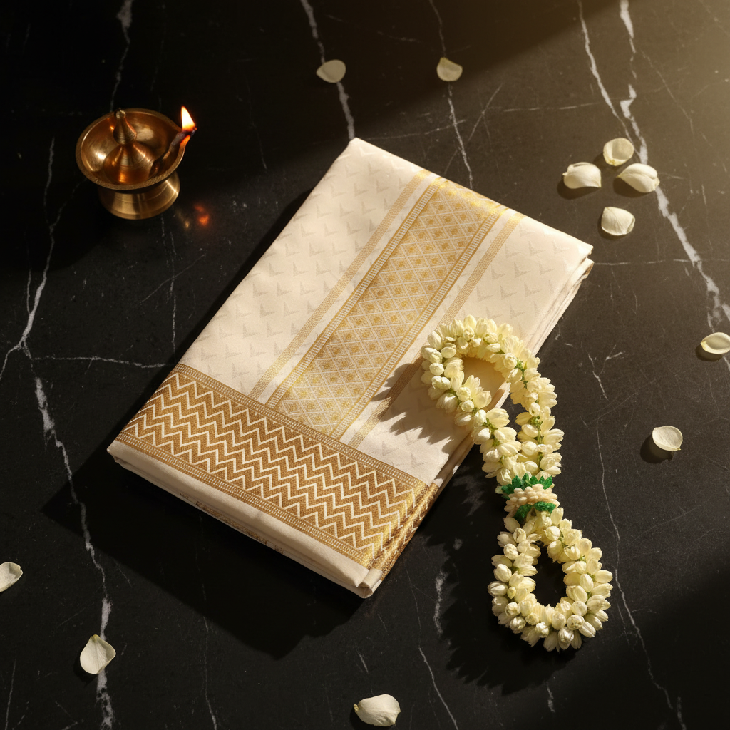 Kuberan Mix Silk Dhothi  Ivory & Gold Zari Border
