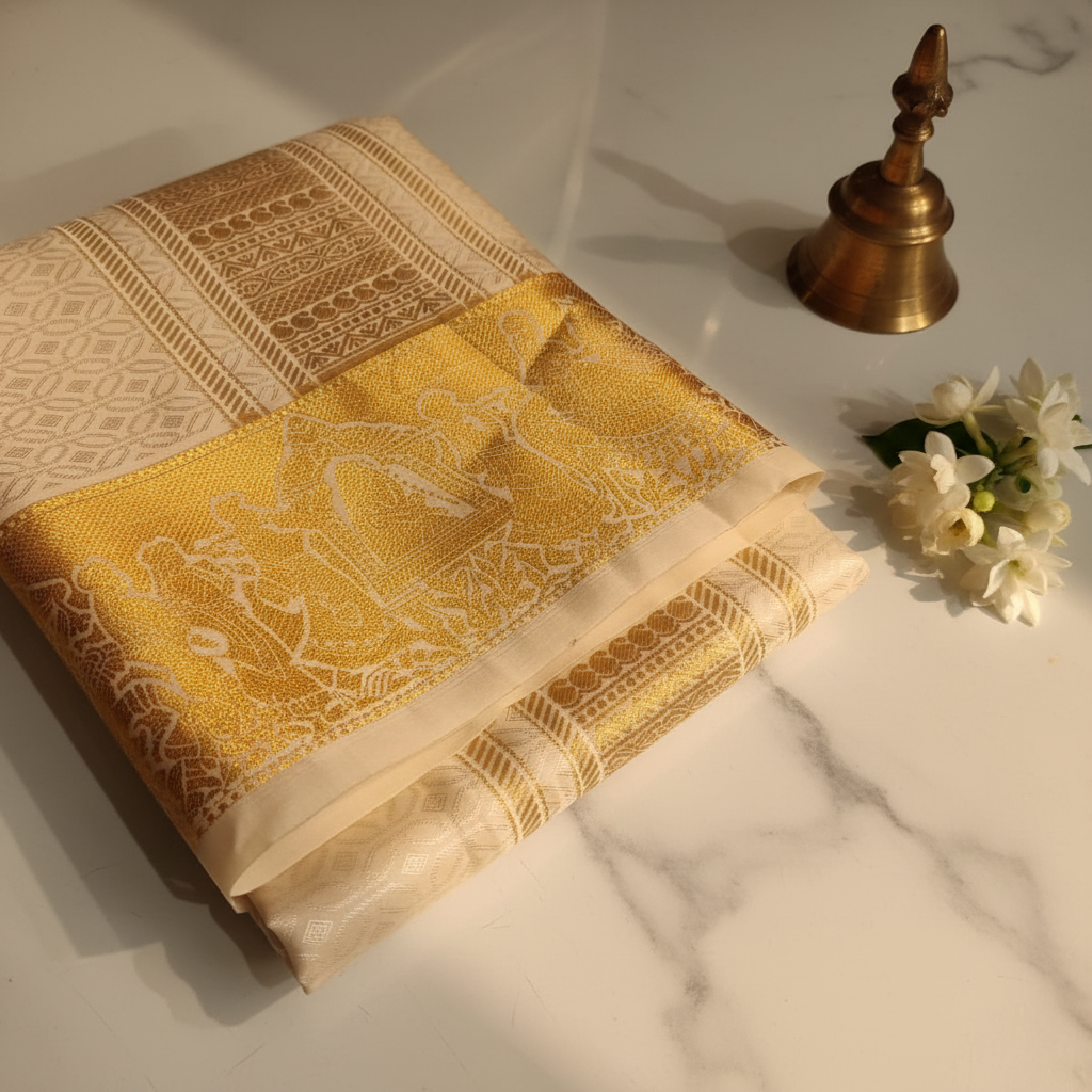 Kuberan Beige & Gold Zari Border Mix Silk Dhothi