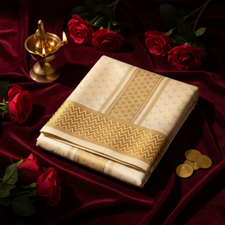 Kuberan Mix Silk Dhothi  Ivory & Gold Zari Border