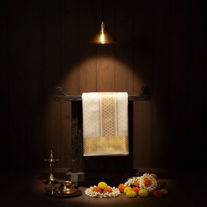 Kuberan Mix Silk Dhothi  Ivory & Gold Zari Border