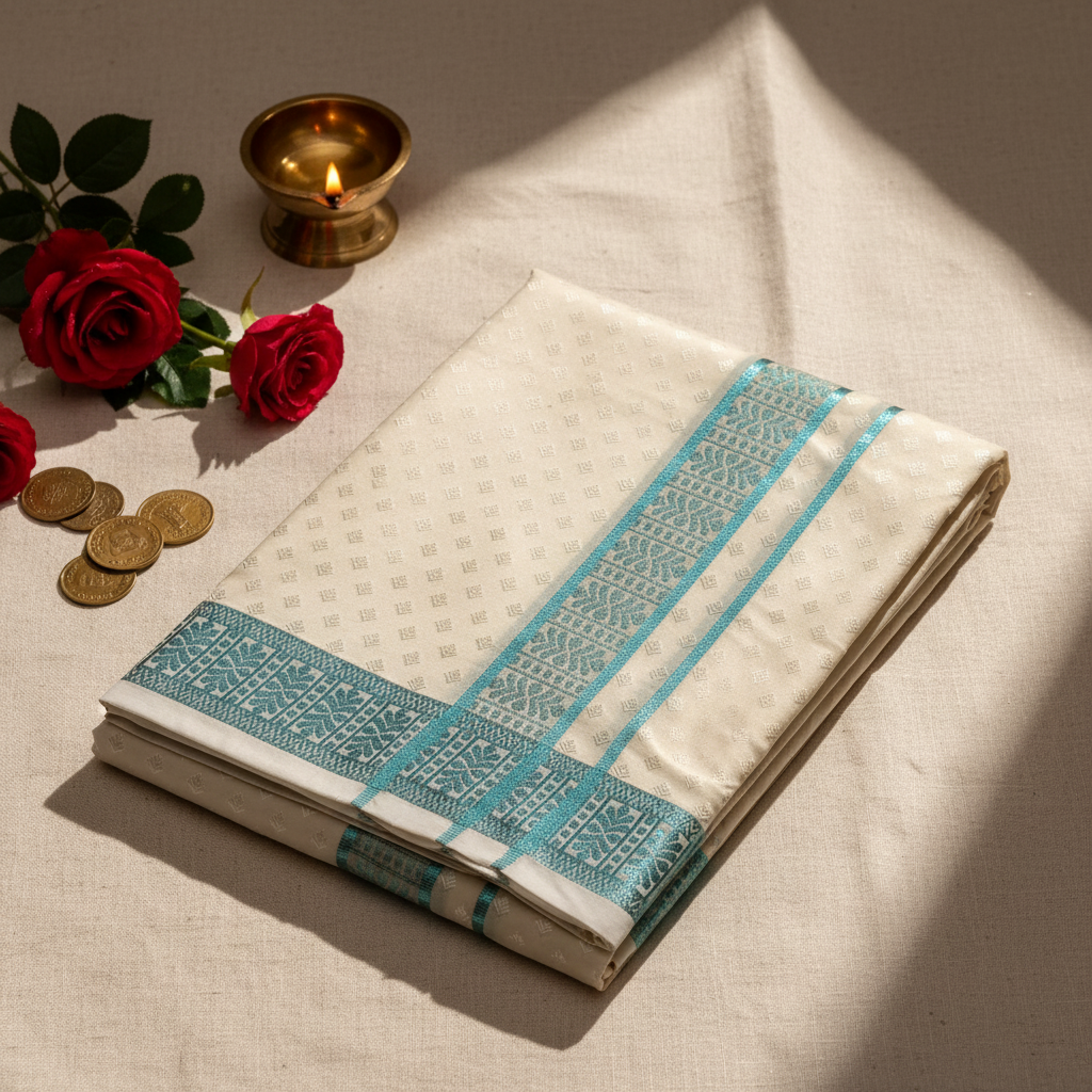 Kuberan Ivory & Teal Zari Border Mix Silk Dhothi