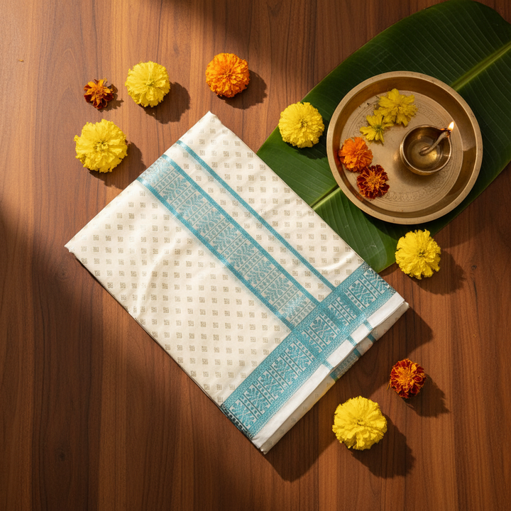 Kuberan Ivory & Teal Zari Border Mix Silk Dhothi