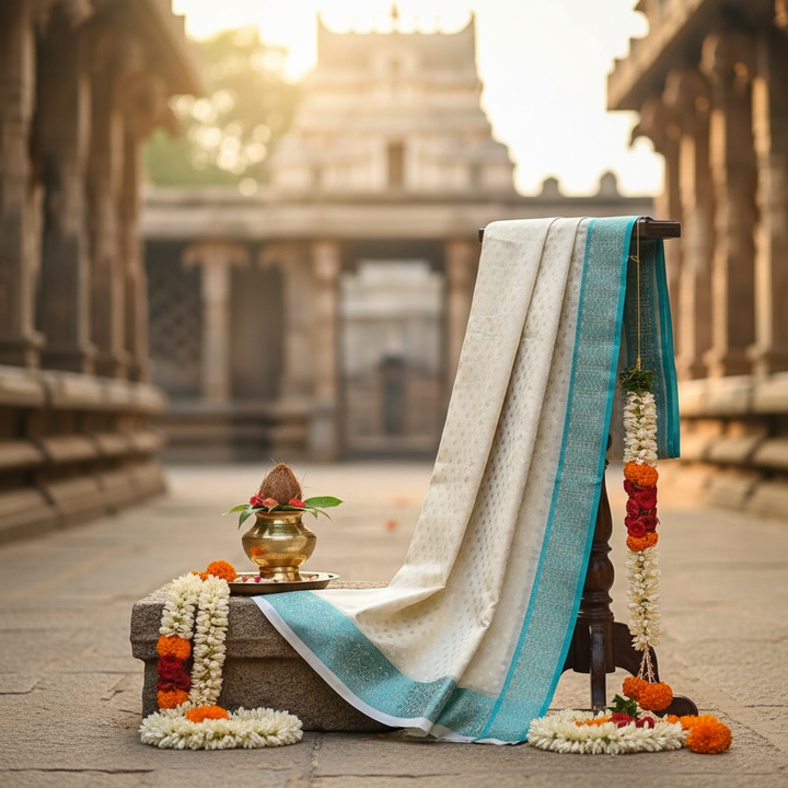 Kuberan Ivory & Teal Zari Border Mix Silk Dhothi
