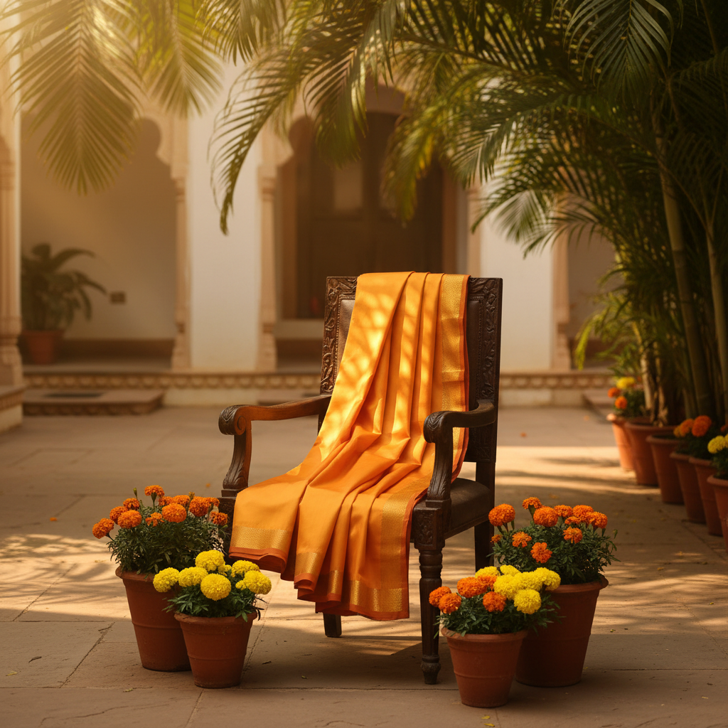 Kuberan Saffron Orange with Gold Border Mix Silk Dhoti
