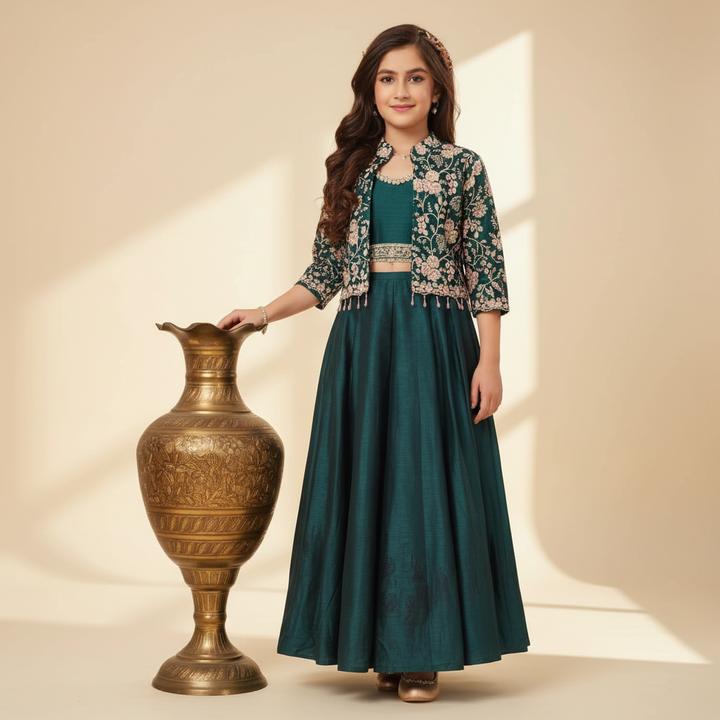 Kuberan Kids Palazzo Set - Teal Green Embroidered Jacket