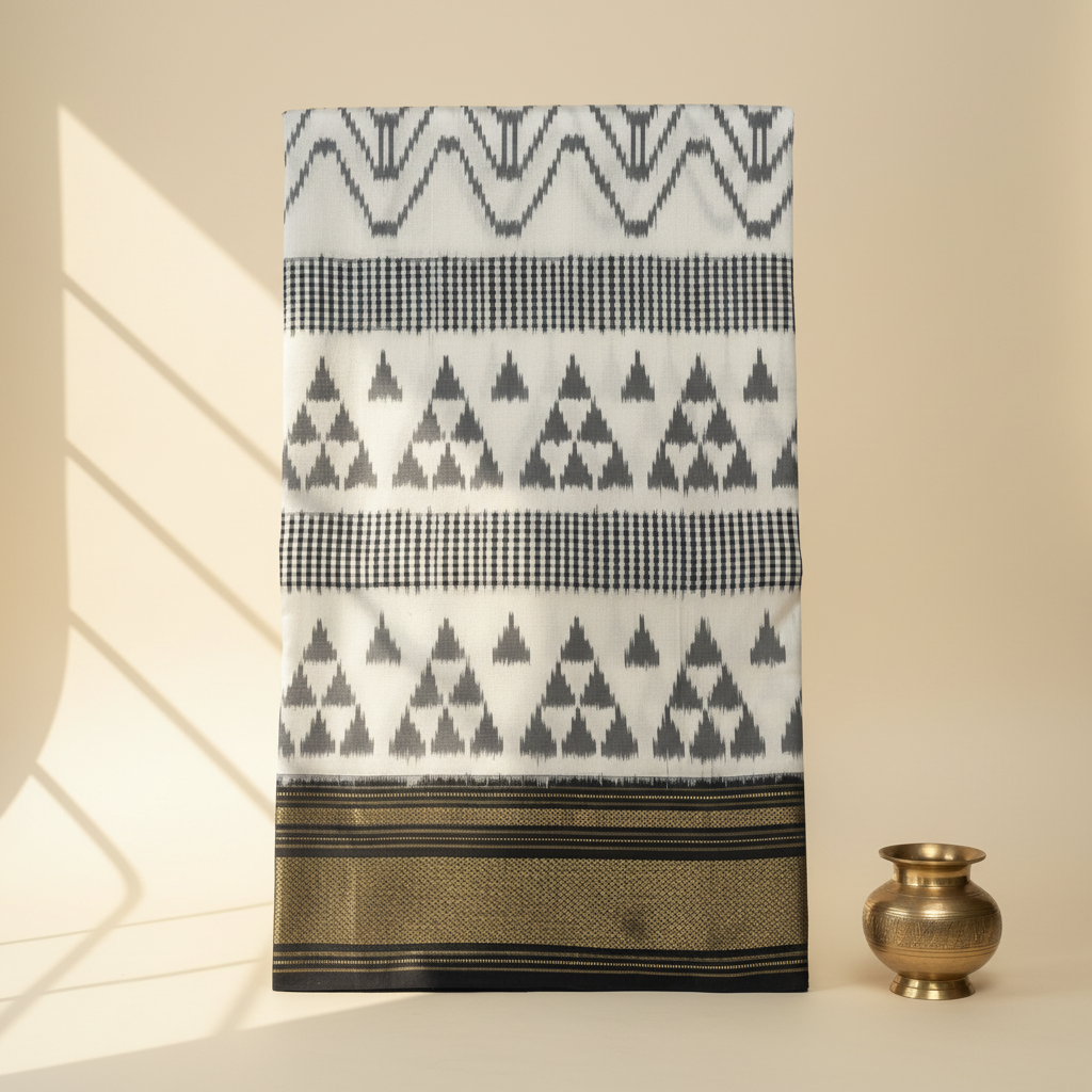KUBERAN WHITE AND BLACK POCHAMPALLY SILK SAREE