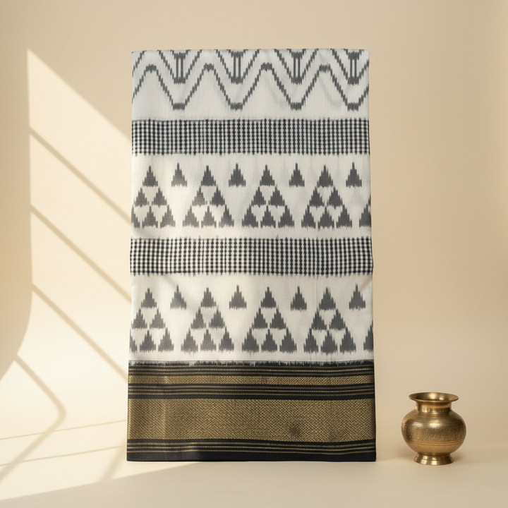 KUBERAN WHITE AND BLACK POCHAMPALLY SILK SAREE