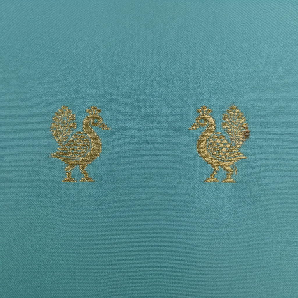 Kuberan  Sky Blue with Scattered Paired Gold Zari Duck (Hamsa) Buttas & Broad Antique Gold Zari Dense Floral Scroll Temple Arch Border Kanchipuram Silk Saree