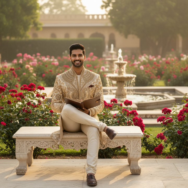 Kuberan Cream & Gold Floral Zardozi Indo-Western Sherwani
