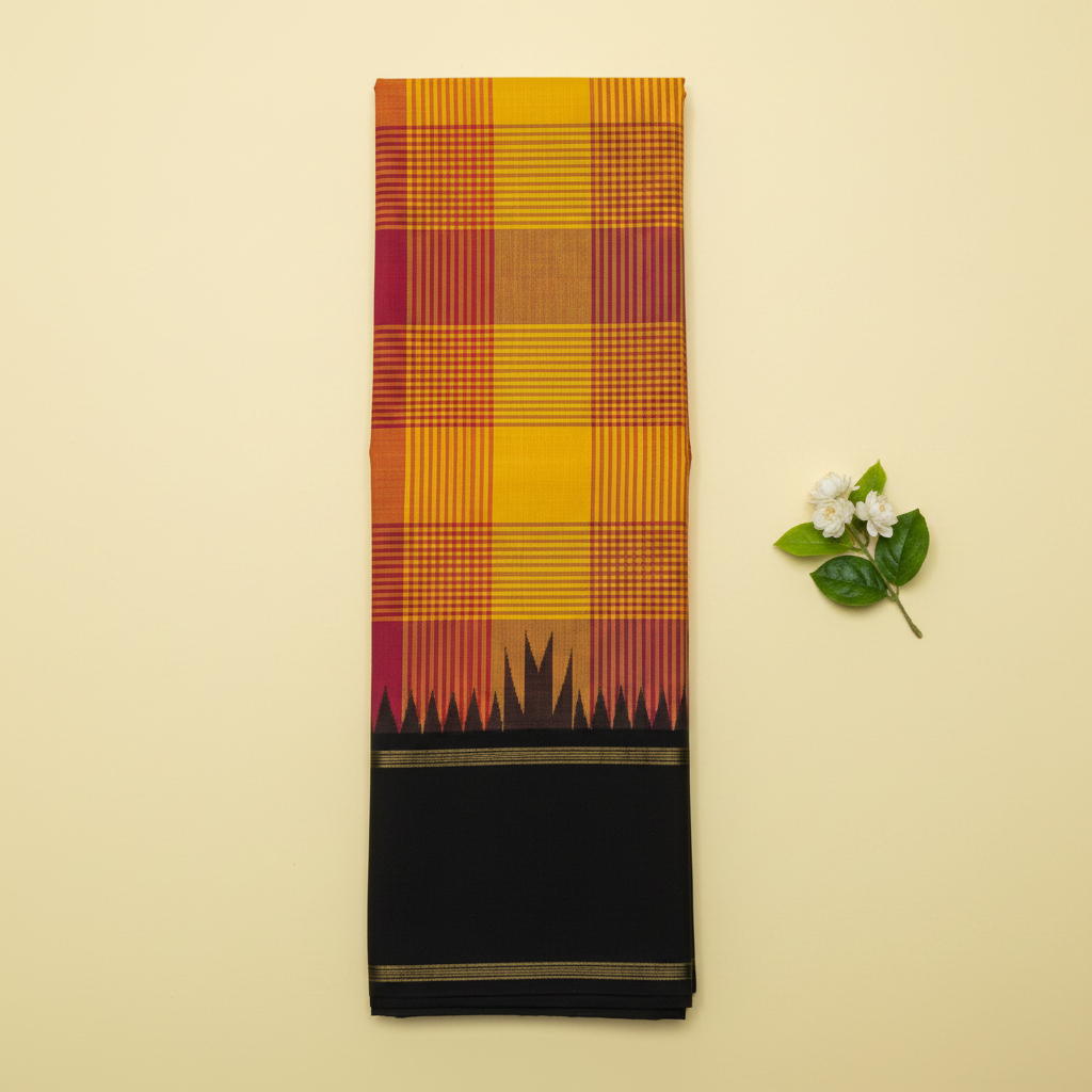 KUBERAN YELLOW CHECKS PURE KANCHIPURAM SILK SAREE