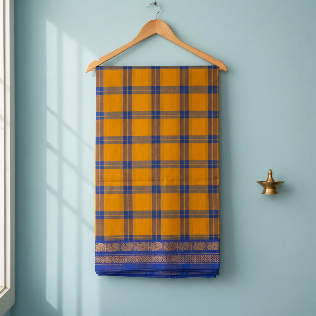KUBERAN YELLOW WITH BLUE COTTON CHECKS SAREE