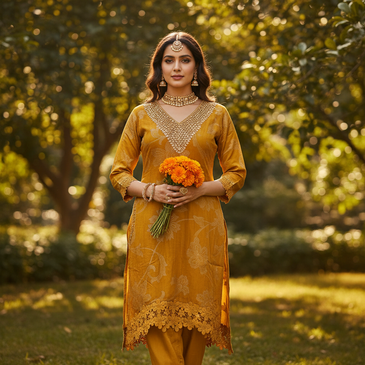 Kuberan Mustard Embroidered Kurta & Salwar Co-ord Set