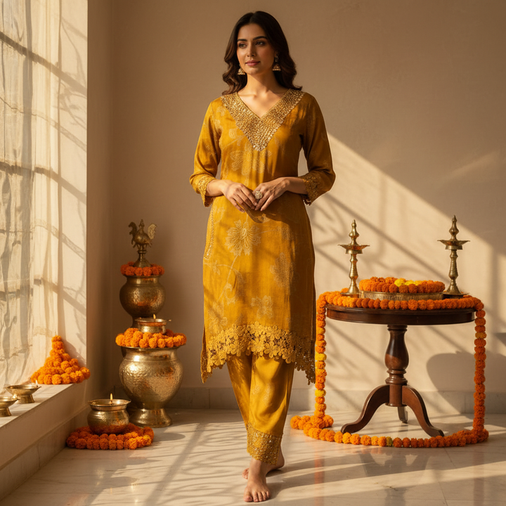 Kuberan Mustard Embroidered Kurta & Salwar Co-ord Set