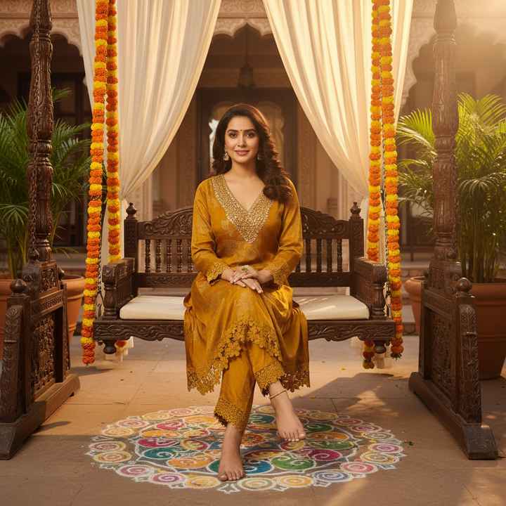 Kuberan Mustard Embroidered Kurta & Salwar Co-ord Set
