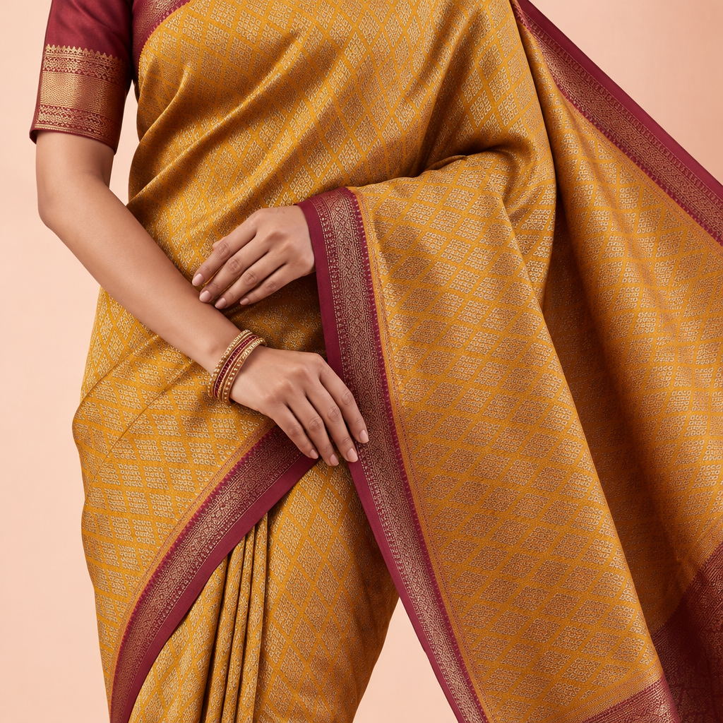 KUBERAN MUSTARD WITH PINK SEMI BANARASI SILK SAREE