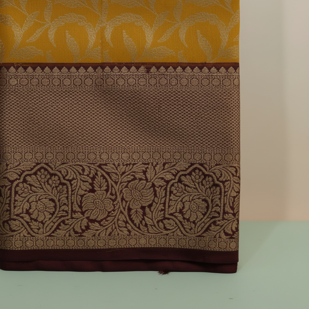 KUBERAN YELLOW WITH MAROON BROCADE SEMI SILK SAREE