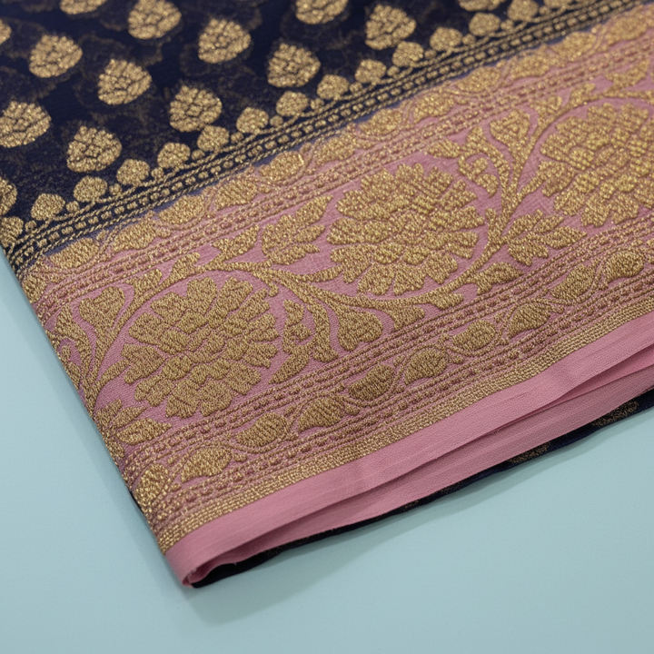KUBERAN NAVY BLUE BANARASI KHADDI GEORGETTE SAREE