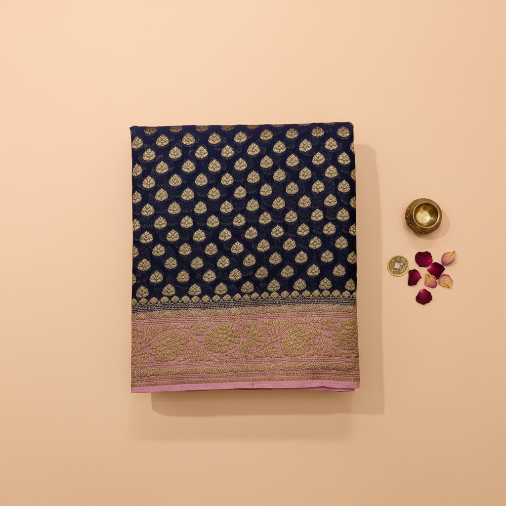 KUBERAN NAVY BLUE BANARASI KHADDI GEORGETTE SAREE